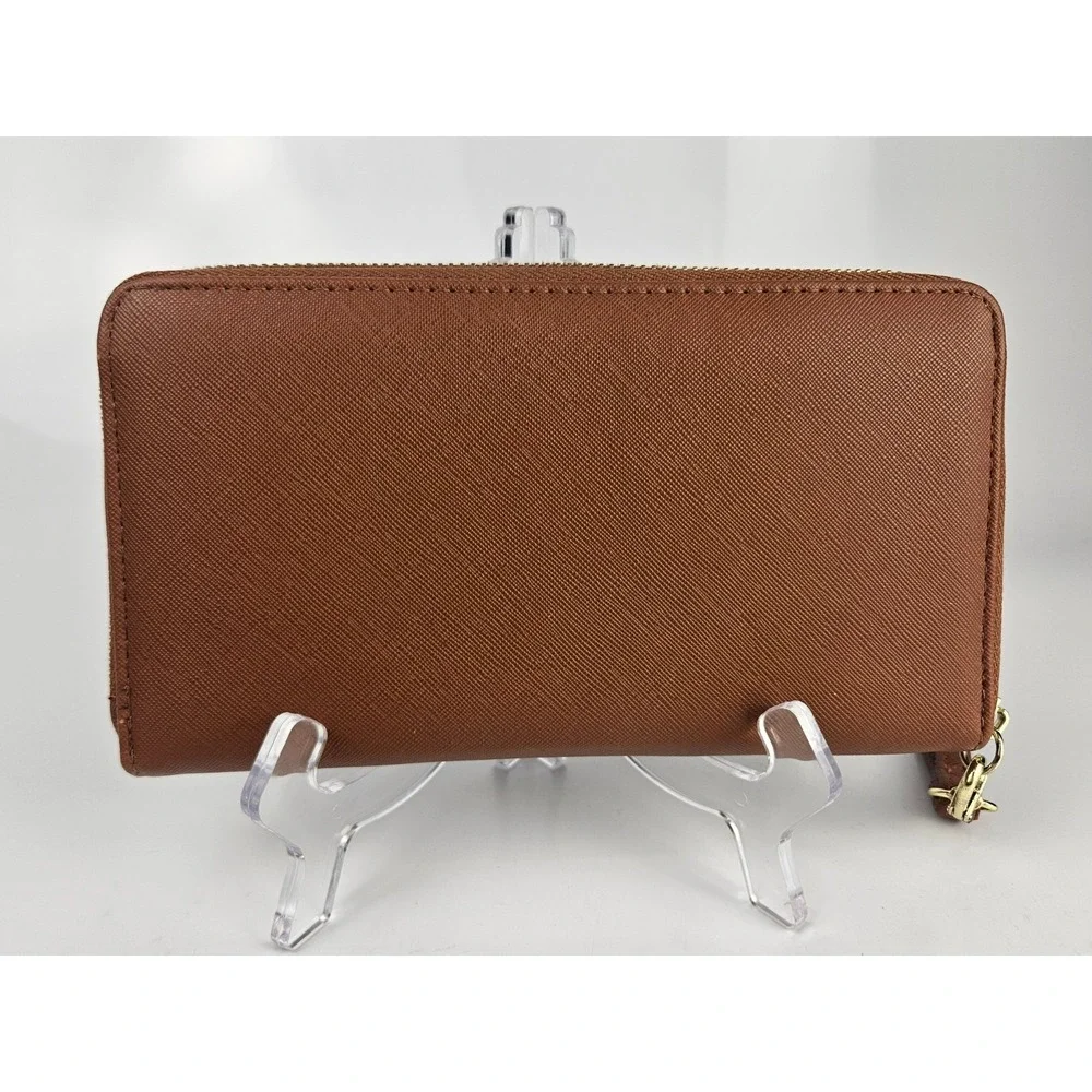 Steve Madden‎ Zip Around Wristlet Wallet Cognac Brown Saffiano Gold Hardware